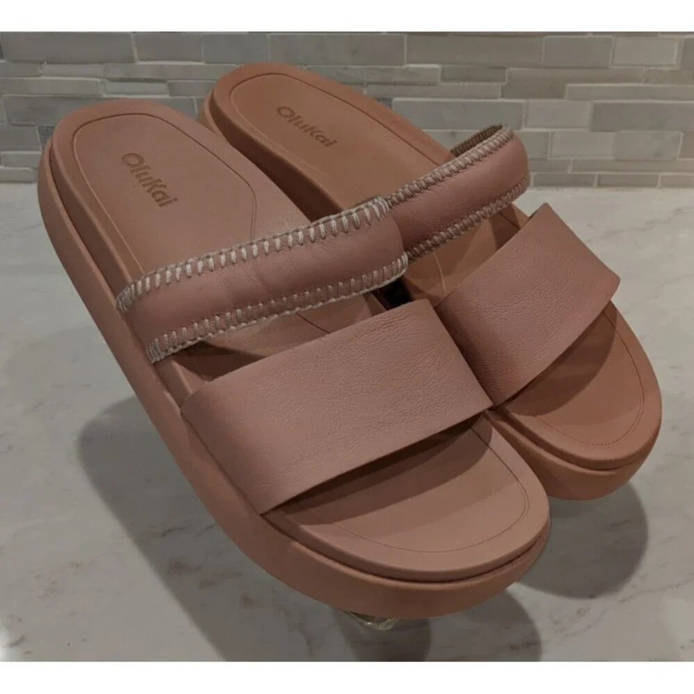 Women's OluKai PAE 2-Strap Leather Platform Sandals in Soft Pink Size 9 - Picture 4 of 13